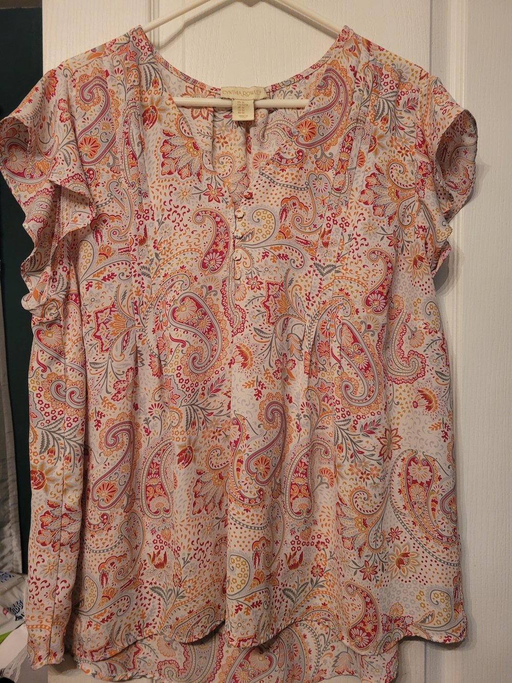 Cynthia Rowley Cream Blouse with Pink and Orange Paisley